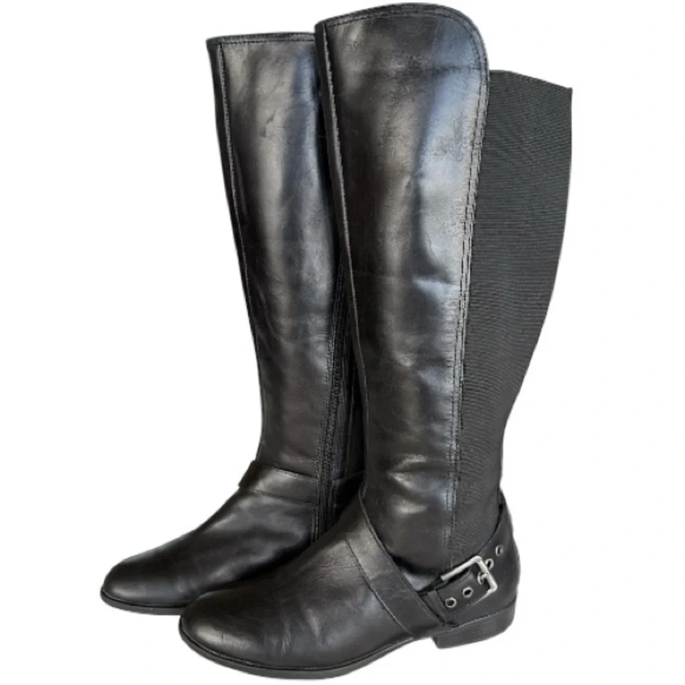Liz Claiborne Black Leather Nicole Buckle Knee-High Riding Boots Stretch Sz 8.5M